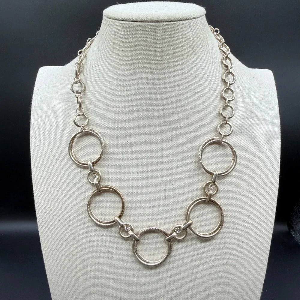 Silver Tone Circle Link Statement Necklace Rhinestone Accents Modern Geometric